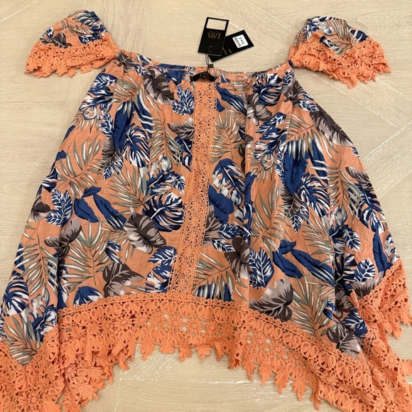L&B Tropical Print Tunic with Lace Trim - Blue and Orange Floral - Picture 1 of 7